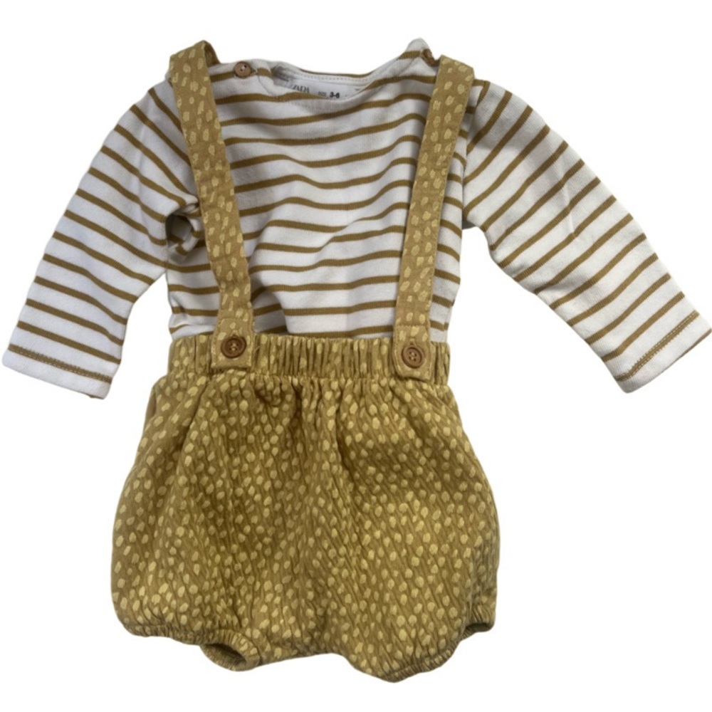 Zara 3-6 months mustard overall bubble with striped long sleeved shirt.